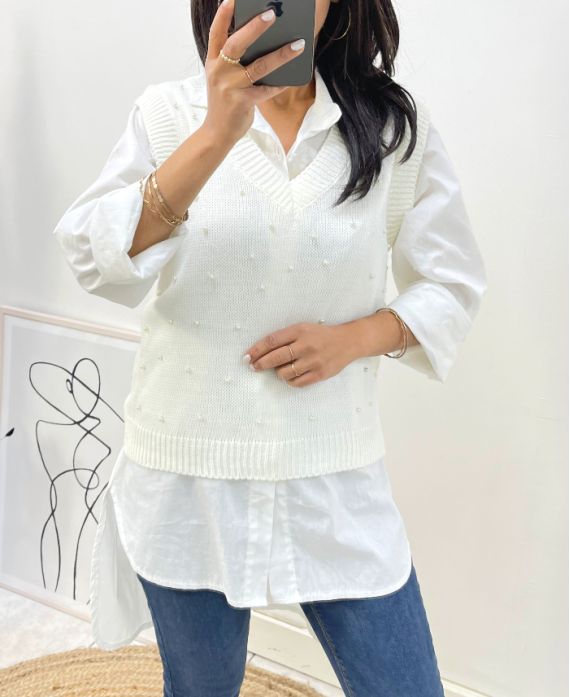 PULLOVER PERLES SANS MANCHES COL V AH643 BLANC