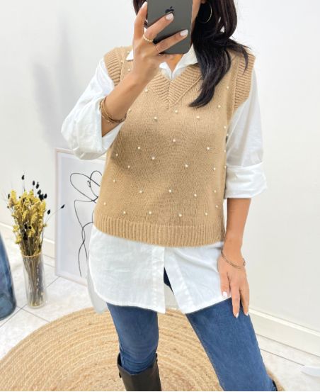 PULLOVER PERLES SANS MANCHES COL V AH643 CAMEL