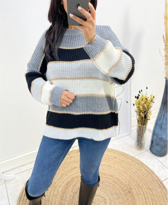 MEHRFARBIGER PULLOVER AUS LUREX AH634 DUNKELGRAU