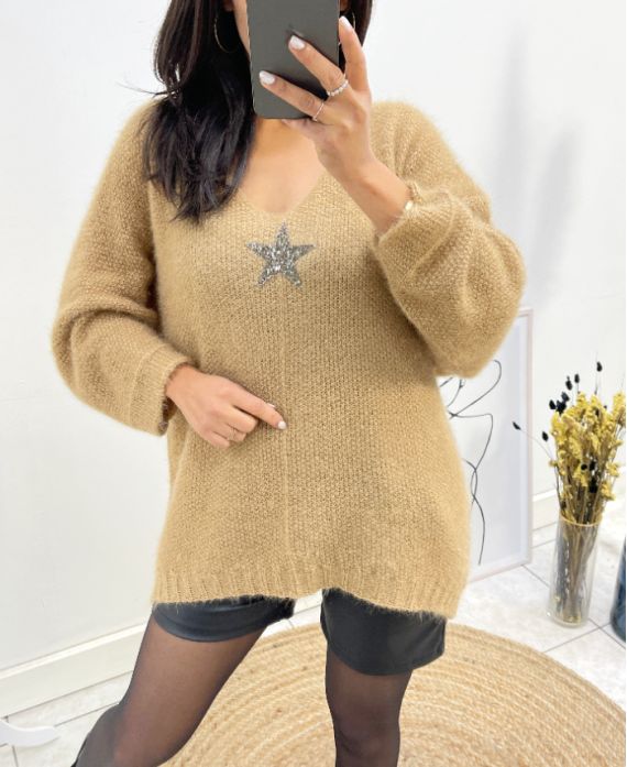 ULTRA MIĘKKI SWETER W GWIAZDKĘ AH627 CAMEL