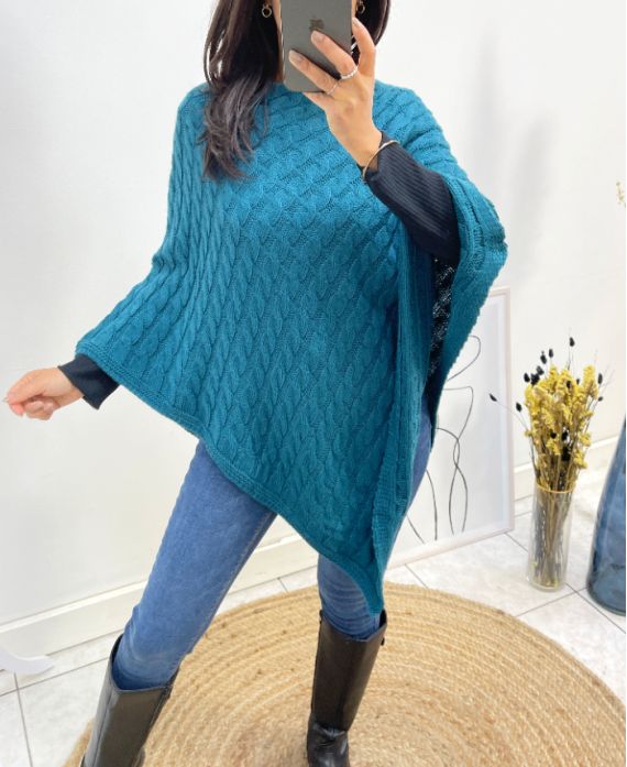 PETROL BLAUW GEBREIDE PONCHO AH641