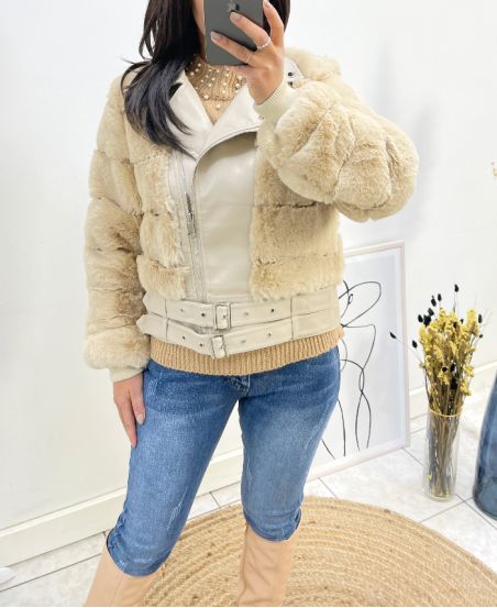 PACK 3 JACKETS PERFECTO FUR AND IMITATION LEATHER S-M-L AH701 BEIGE