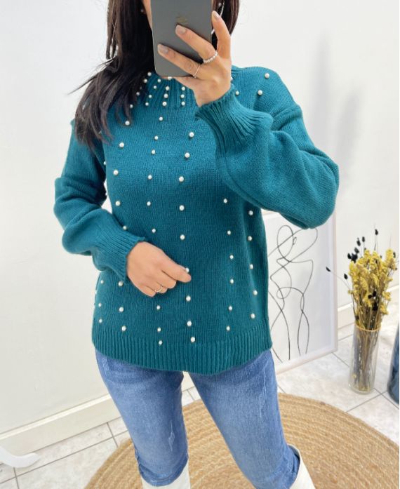 PULLOVER PERLE AH657 BLEU PETROLE