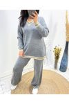 ENSEMBLE LUREX COL V PULLOVER + PANTALON AH684 GRIS