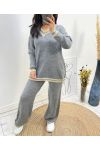 ENSEMBLE LUREX COL V PULLOVER + PANTALON AH684 GRIS