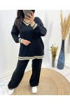 CONJUNTO DE SUÉTER CON CUELLO DE PICO + PANTALÓN DE LUREX AW684 NEGRO