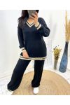 ENSEMBLE LUREX COL V PULLOVER + PANTALON AH684 NOIR