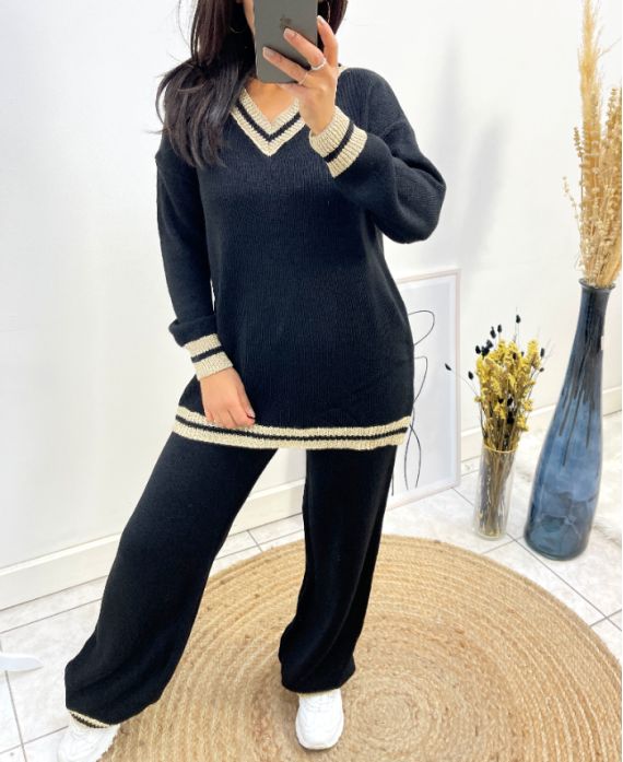 ENSEMBLE LUREX COL V PULLOVER + PANTALON AH684 NOIR