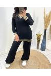 CONJUNTO DE SUÉTER CON CUELLO DE PICO + PANTALÓN DE LUREX AW684 NEGRO