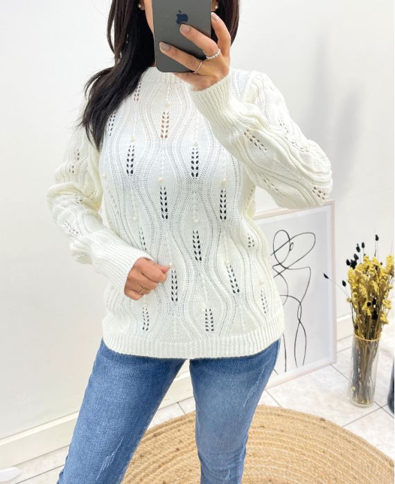 PULLOVER AJOURE PERLES AH676 BLANC