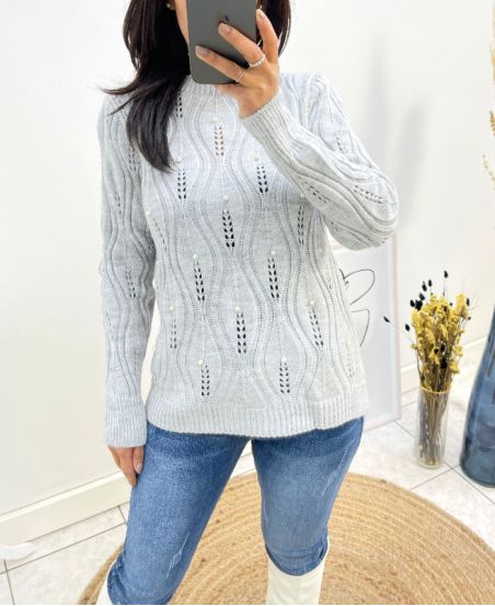 DURCHBROCHENER PULLOVER MIT PERLEN AH676 GRAU