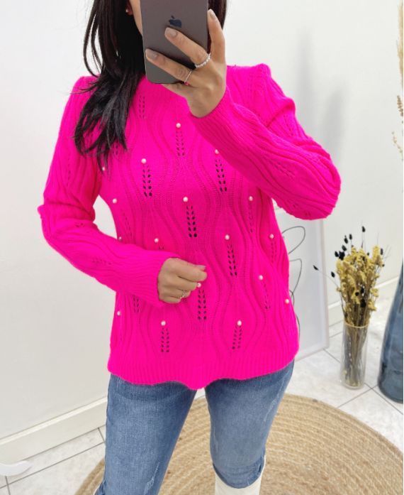 BEADED OPENWORK SWEATER AH676 FUSHIA