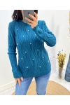 PEARL OPENWORK SWEATER AW676 PETROL BLUE