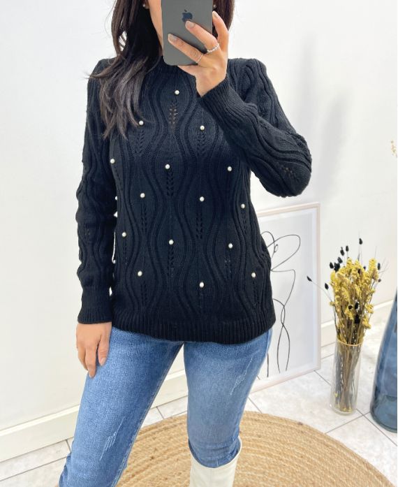 BEADED OPENWORK SWEATER AW676 BLACK