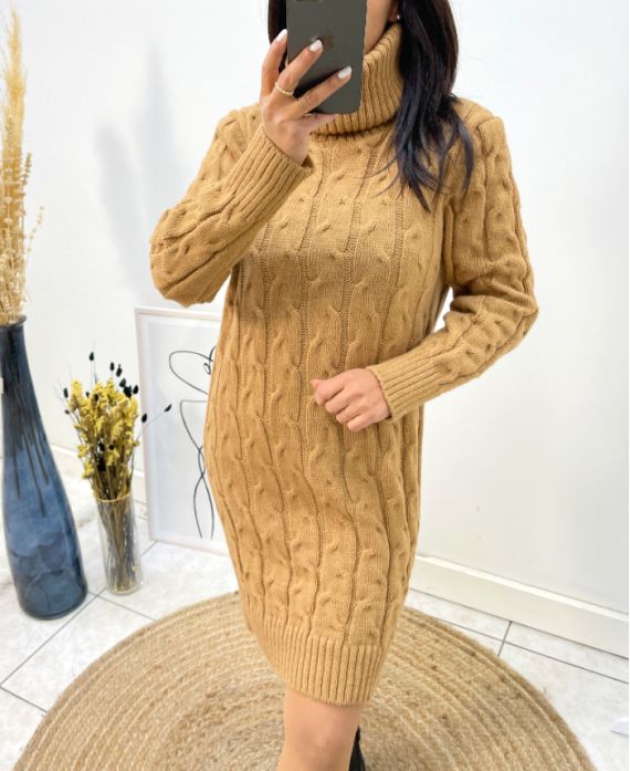 TURTLENECK CABLE DRESS SWEATER AW699 CAMEL