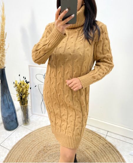 TURTLENECK CABLE DRESS SWEATER AW699 CAMEL