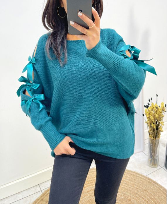 AUSGEFALLENER BANDPULLOVER AH658 PETROLBLAU