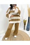 KOMPLET SWETER W PASKI + SPODNIE Z DZIANINY AH690 CAMEL