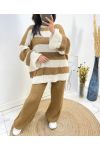 KOMPLET SWETER W PASKI + SPODNIE Z DZIANINY AH690 CAMEL