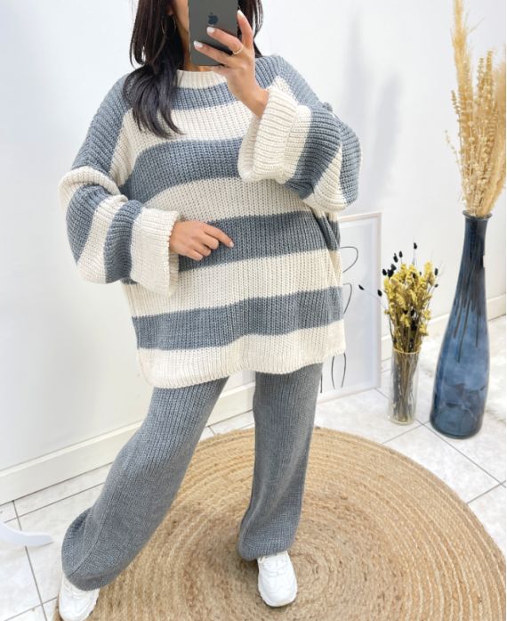 MAXI STRIPED SWEATER + KNIT TROUSERS SET AH690 AH690 GREY