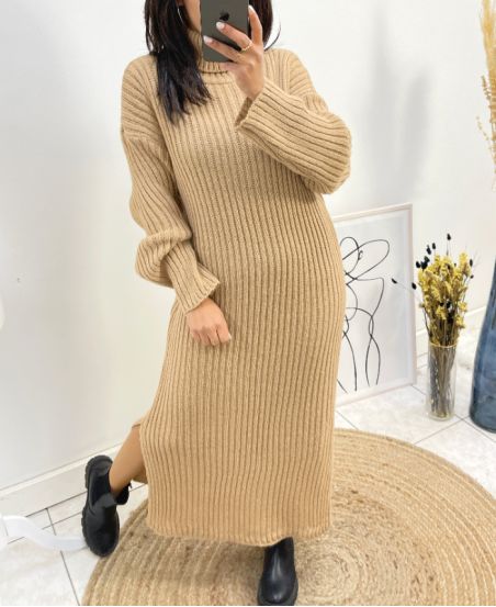 KNIT TURTLENECK DRESS WITH SLIT AW742 CAMEL