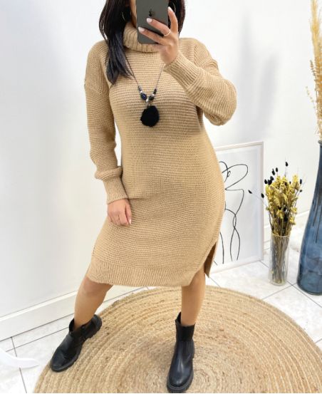 TURTLENECK SWEATER + NECKLACE AH718 CAMEL