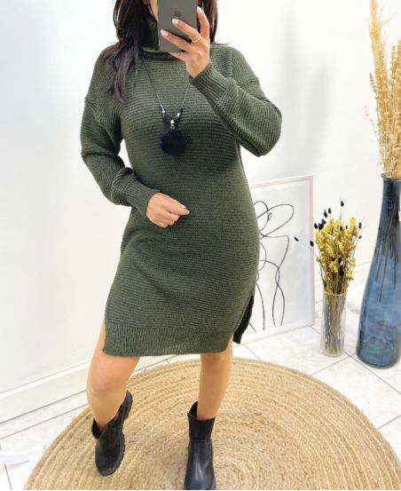 TURTLENECK DRESS SWEATER + TASSEL NECKLACE KHAKI AH718