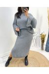 ENSEMBLE OVERSIZE PULLOVER + JUPE MAILLE AH717 GRIS