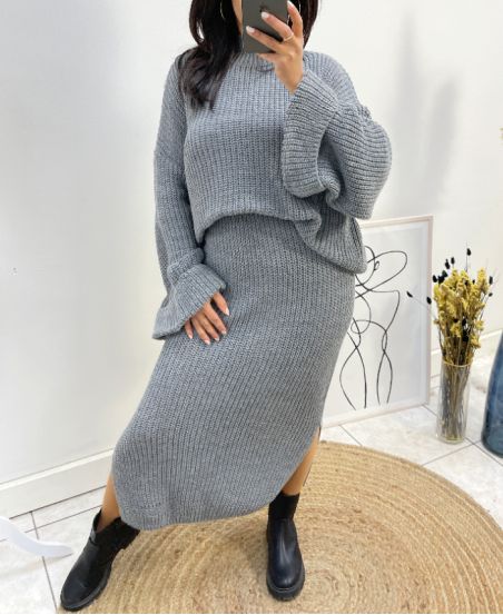 OVERSIZE-PULLOVER + STRICKROCK-SET AH717 GRAU