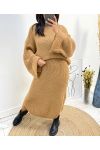 ENSEMBLE MAXI PULLOVER + JUPE MAILLE AH717 CAMEL