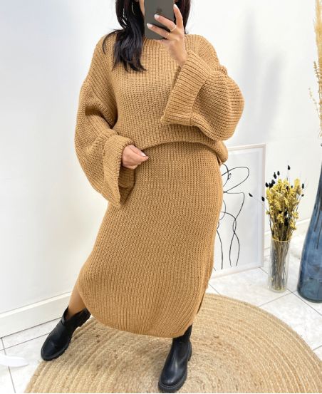 MAXI SWEATER + KNIT SKIRT SET AH717 CAMEL