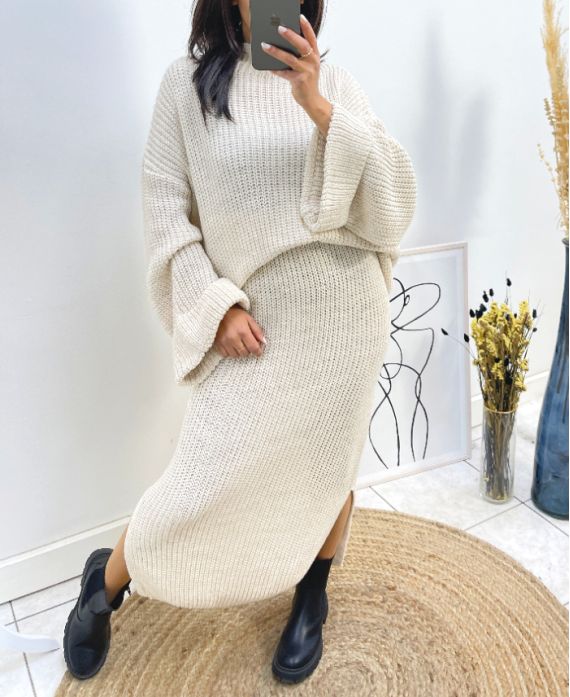 ENSEMBLE MAXI PULLOVER + JUPE MAILLE AH717 BEIGE