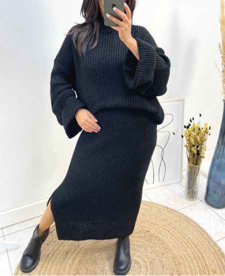 MAXI PULLOVER + STRICKROCK SET AW717 SCHWARZ