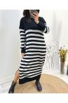 LONG STRIPED KNIT DRESS WITH SLIT AW759 BLACK/GREY