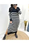 LONG STRIPED KNIT DRESS WITH SLIT AW759 BLACK/GREY