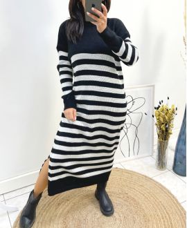 LONG STRIPED KNIT DRESS WITH SLIT AW759 BLACK/GREY