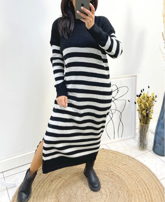 LONG STRIPED KNIT DRESS WITH SLIT AW759 BLACK/GREY