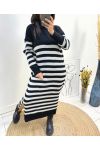 LONG STRIPED KNIT DRESS WITH SLIT AW759 BLACK/GREY