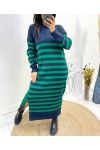 ROBE LONGUE MAILLE RAYEE FENTE AH759 BLEU MARINE