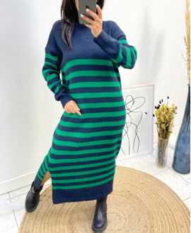 ROBE LONGUE MAILLE RAYEE FENTE AH759 BLEU MARINE