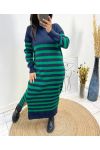 ROBE LONGUE MAILLE RAYEE FENTE AH759 BLEU MARINE