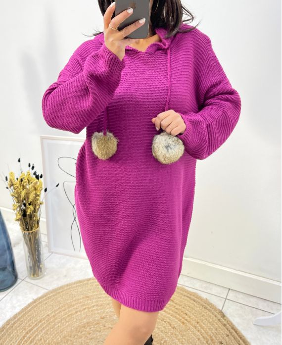 "CURVY" PULLOVER OVERSIZED KAPUZENKLEID AUSGEFALLENE QUASTEN AH736 PLUM