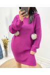 "CURVY" PULL ROBE OVERSIZE A CAPUCHE POMPONS FANTAISIE AH736 PRUNE