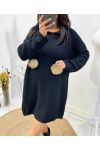 "CURVY" SWEATER DRESS OVERSIZED HOODED FANCY POM POMS BLACK AH736