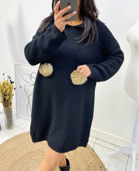 "CURVY" SWEATER DRESS OVERSIZED HOODED FANCY POM POMS BLACK AH736