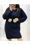 "CURVY" SWEATER DRESS OVERSIZED HOODED FANCY POM POMS BLACK AH736