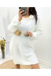 "CURVY" PULL ROBE OVERSIZE A CAPUCHE POMPONS FANTAISIE AH736 BLANC