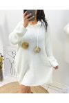 "CURVY" PULL ROBE OVERSIZE A CAPUCHE POMPONS FANTAISIE AH736 BLANC