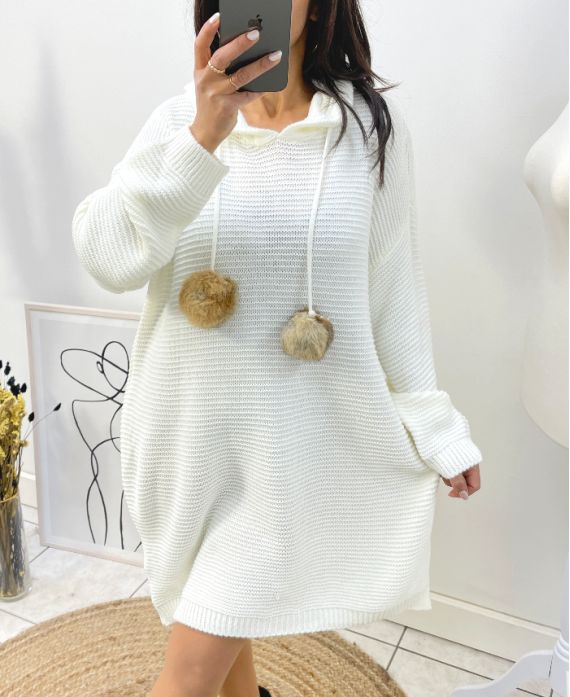 "CURVY" SWEATER DRESS OVERSIZED HOODED TASSELS FANCY WHITE AH736