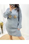 "CURVY" PULL ROBE OVERSIZE A CAPUCHE POMPONS FANTAISIE AH736 GRIS